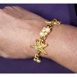 Yellow Gold Plated Starfish and Faux Pearl Cluster Bracelet, Toggle Clasp, 8"